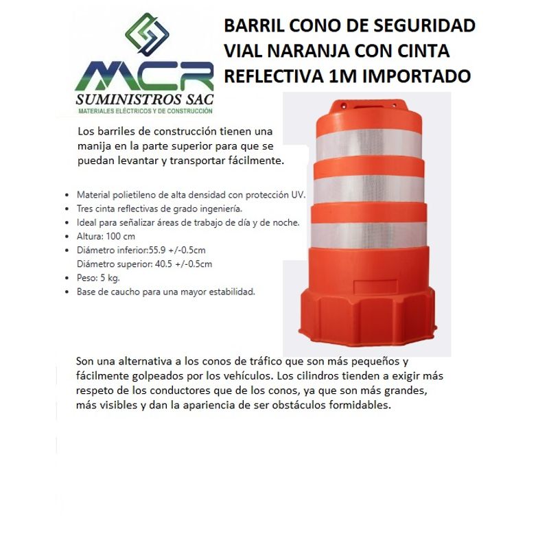 GENERICO - BARRIL CONO DE SEGURIDAD VIAL NARANJA CON CINTA REFLECTIVA  ALTURA 1mt IMPORTADO