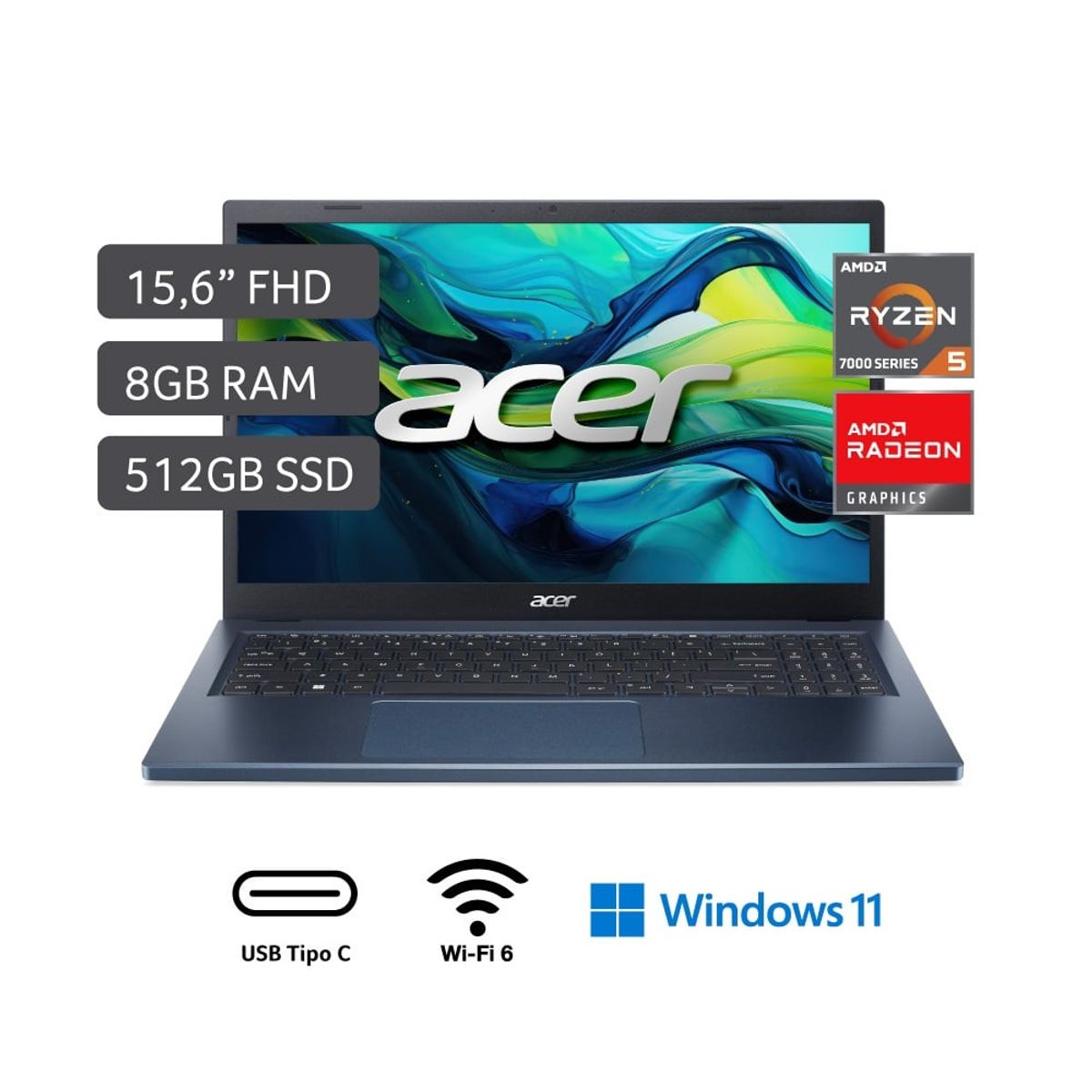 ACER - Laptop Acer Aspire 3 A315-24P-R859 AMD Ryzen 5 7520U 8Gb Ram 512Gb Ssd Pantalla 15.6" FHD Windows 11