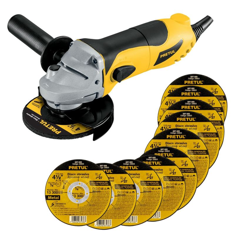 PRETUL - COMBO Amoladora Esmeriladora 4 1/2", 700 W, 10 discos de desbaste