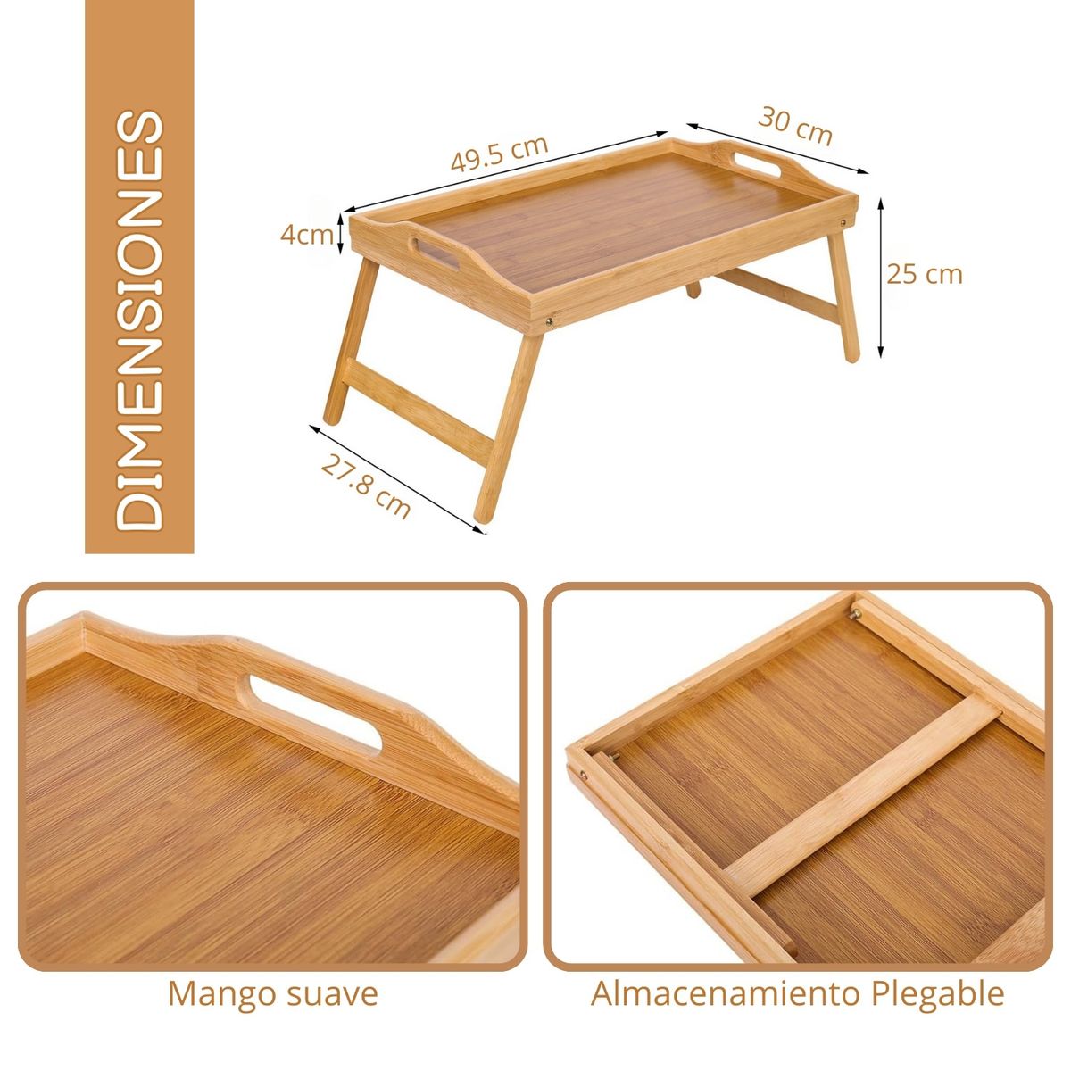 PENTHA - Mesa Bandeja para Desayunos de Bambú 50 x 30