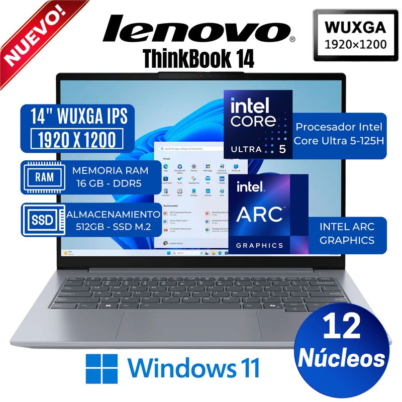 LENOVO - Laptop Lenovo ThinkBook 14 G7 IML 14" WUXGA IPS Core Ultra 5-125U, Ram 16GB, Ssd 512GB, Win 11 Pro