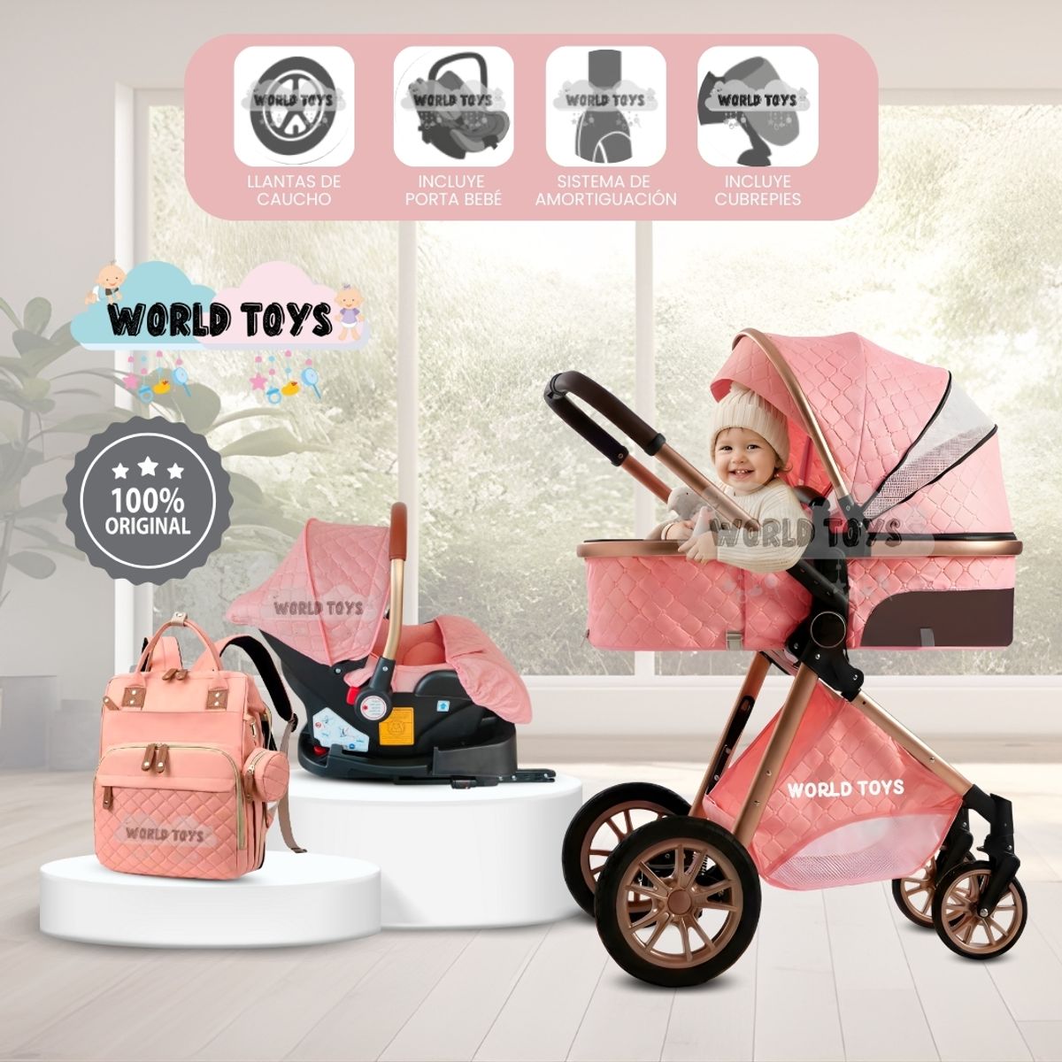 BABY - Coche Moisés de Lujo «GOLD LABELL» Con Portabebé Pink