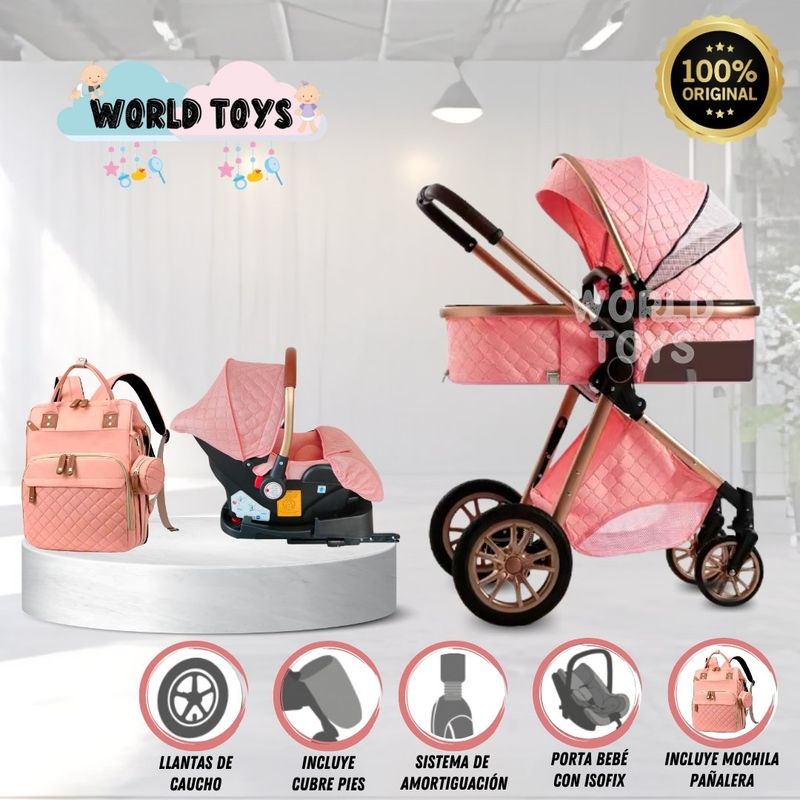 BABY - Coche Moisés de Lujo «GOLD LABELL» Con Portabebé Pink