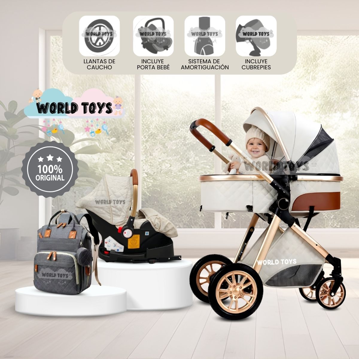 BABY - Coche Moisés de Lujo «GOLD LABELL» Con Portabebé White