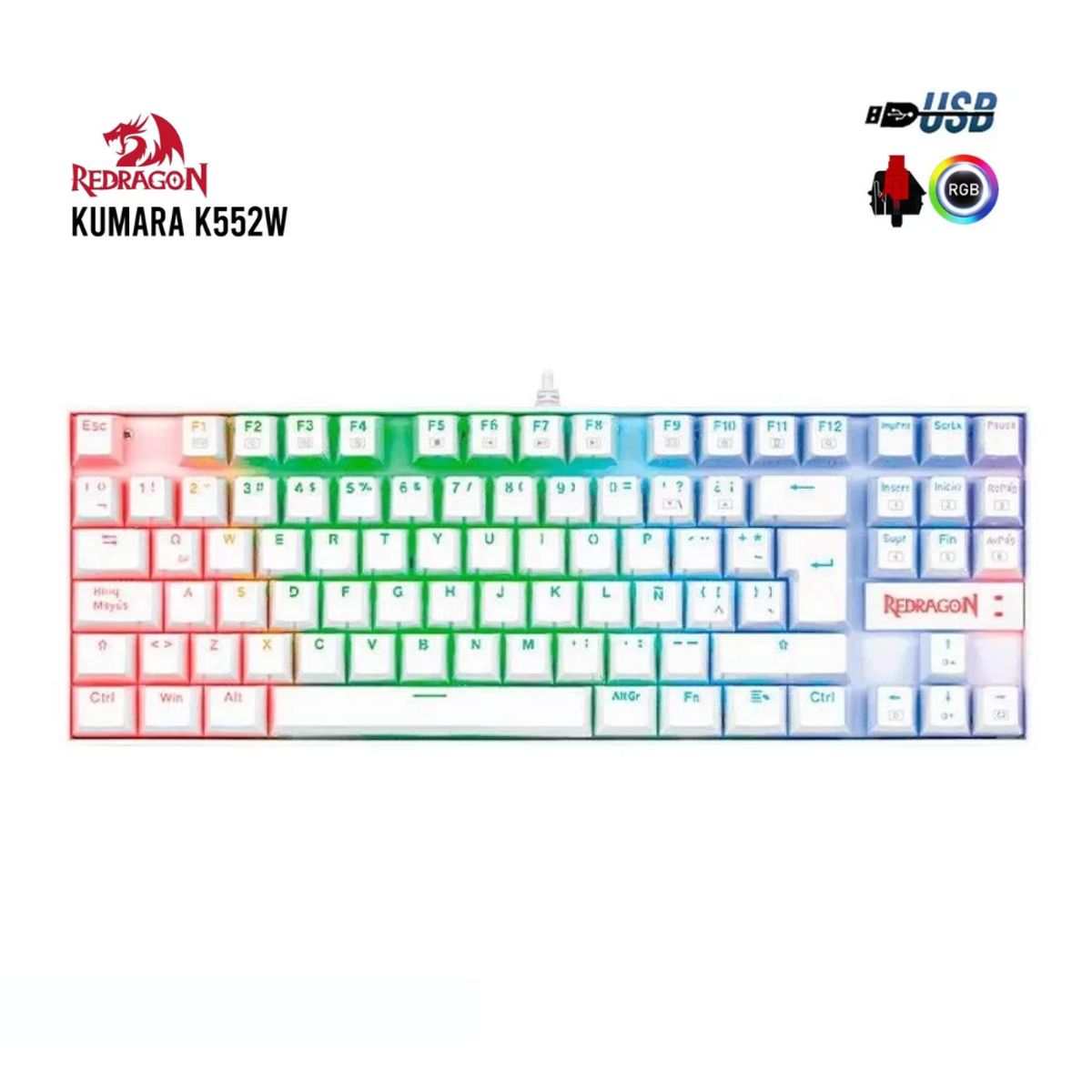 REDRAGON - TECLADO GAMER REDRAGON KUMARA K552W-RGB LED-RGB USB SWITCH RED WHITE