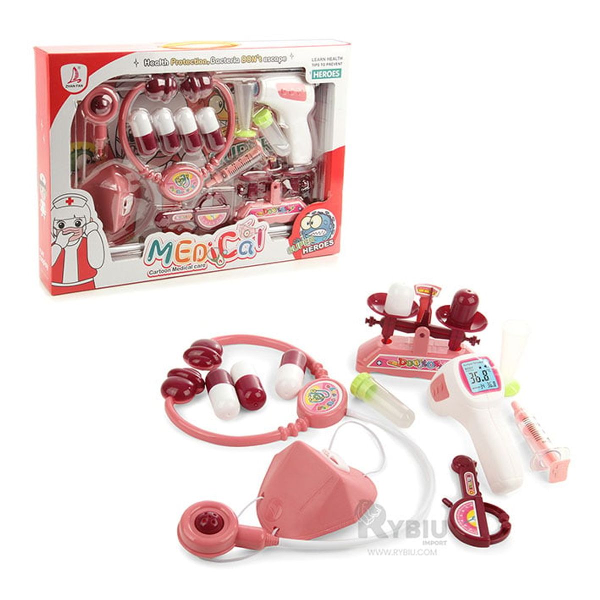 GENERICO - Set de Doctora Infantil 14 Piezas para Niñas en Rosado Y+Regalo Ligas para Peinar