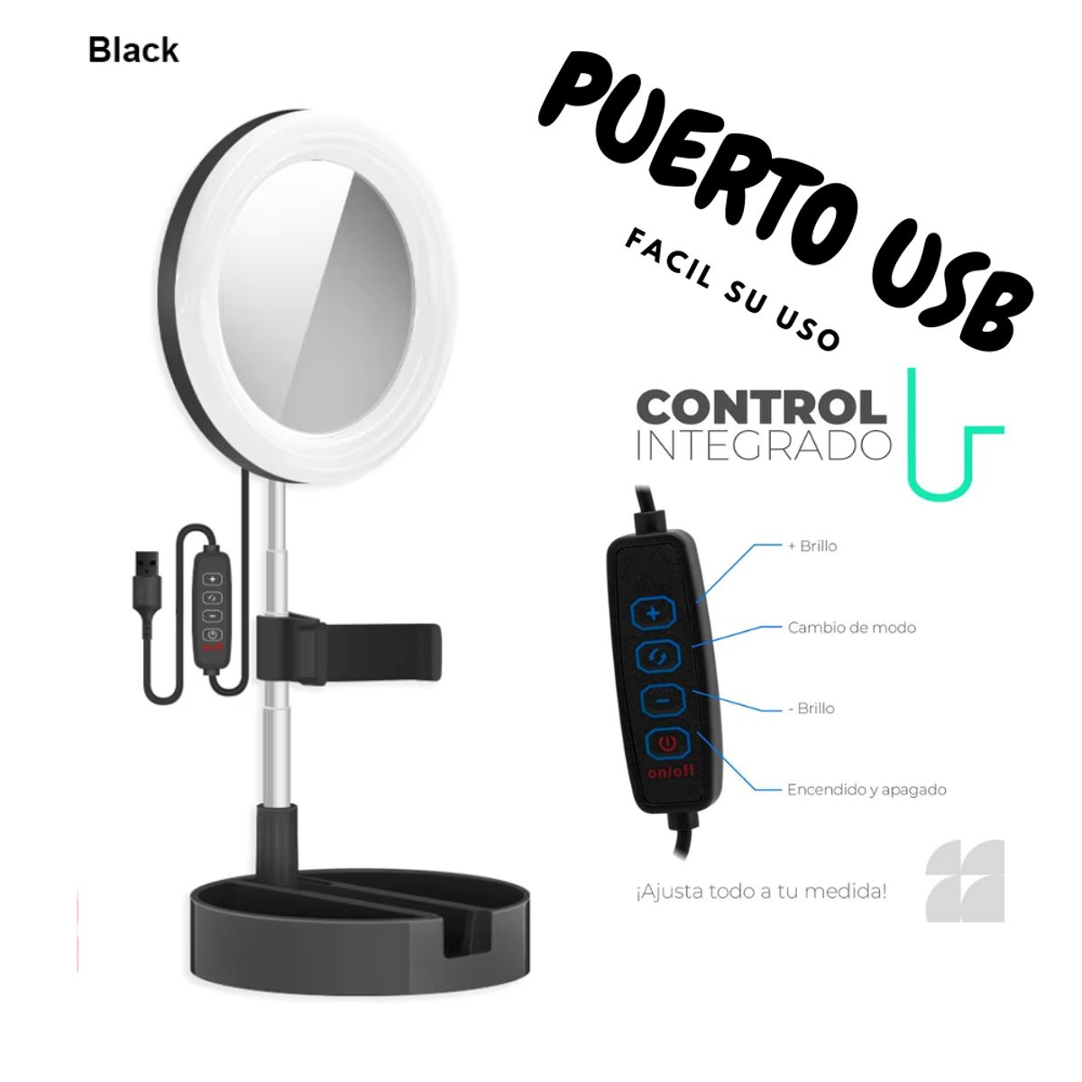 SEISA - Espejo Con Aro De Luz Led Soporte Celular Streamers Maquillaje