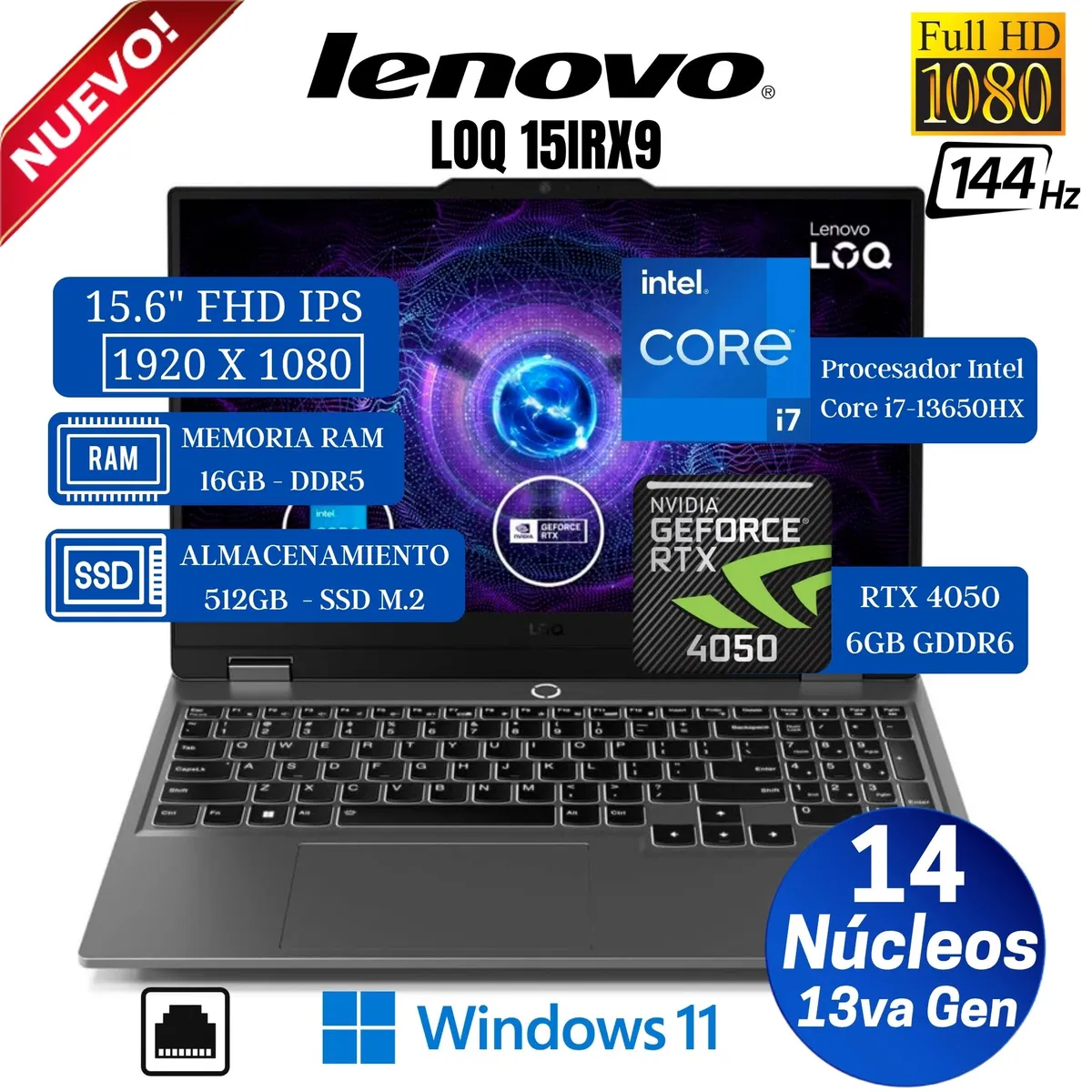 LENOVO - Laptop Lenovo LOQ 15IRX9 15.6" FHD IPS, Core i7-13650HX, Ram 16GB, Ssd 512GB, Rtx 4050 6GB, Win 11