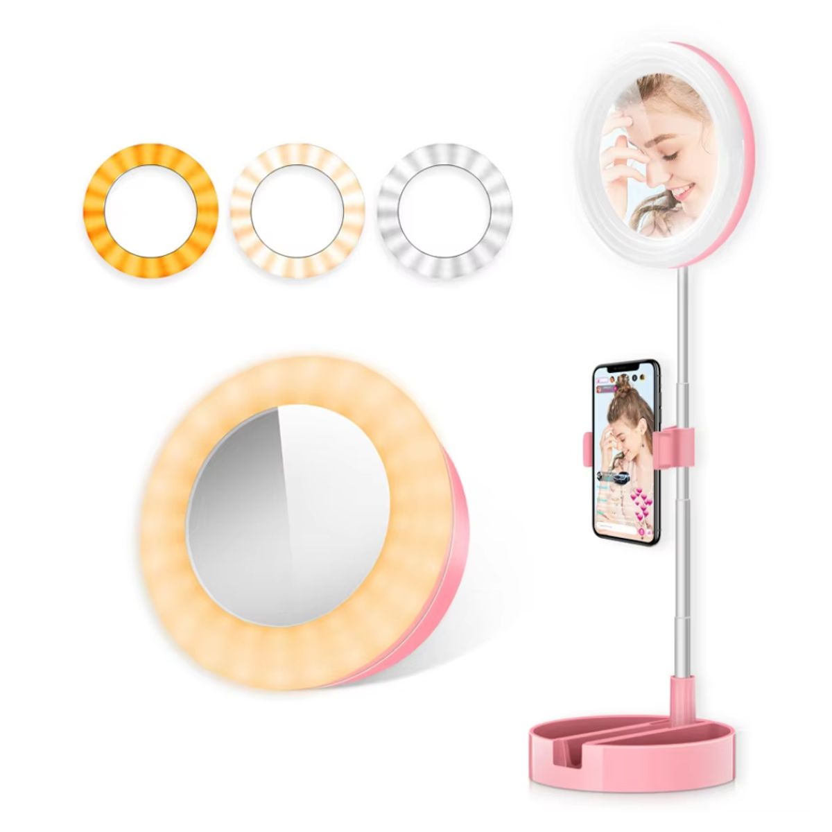 SEISA - Espejo Con Aro Luz Led Selfie Soporte Celular Streamers Maquillaje