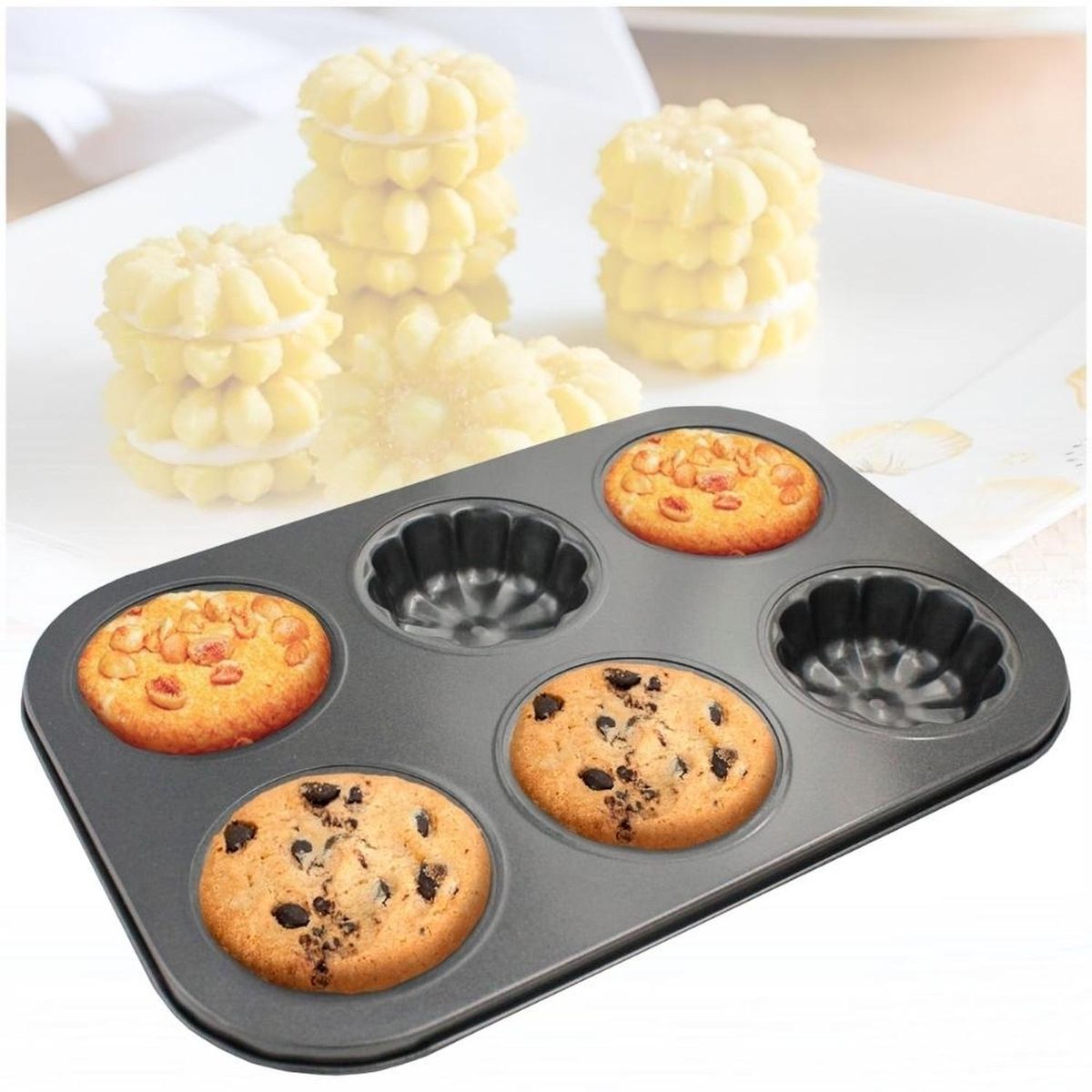 MINARI - Molde Antiadherente 06 Muffins Galletas Cupcakes Diseño Flor J33