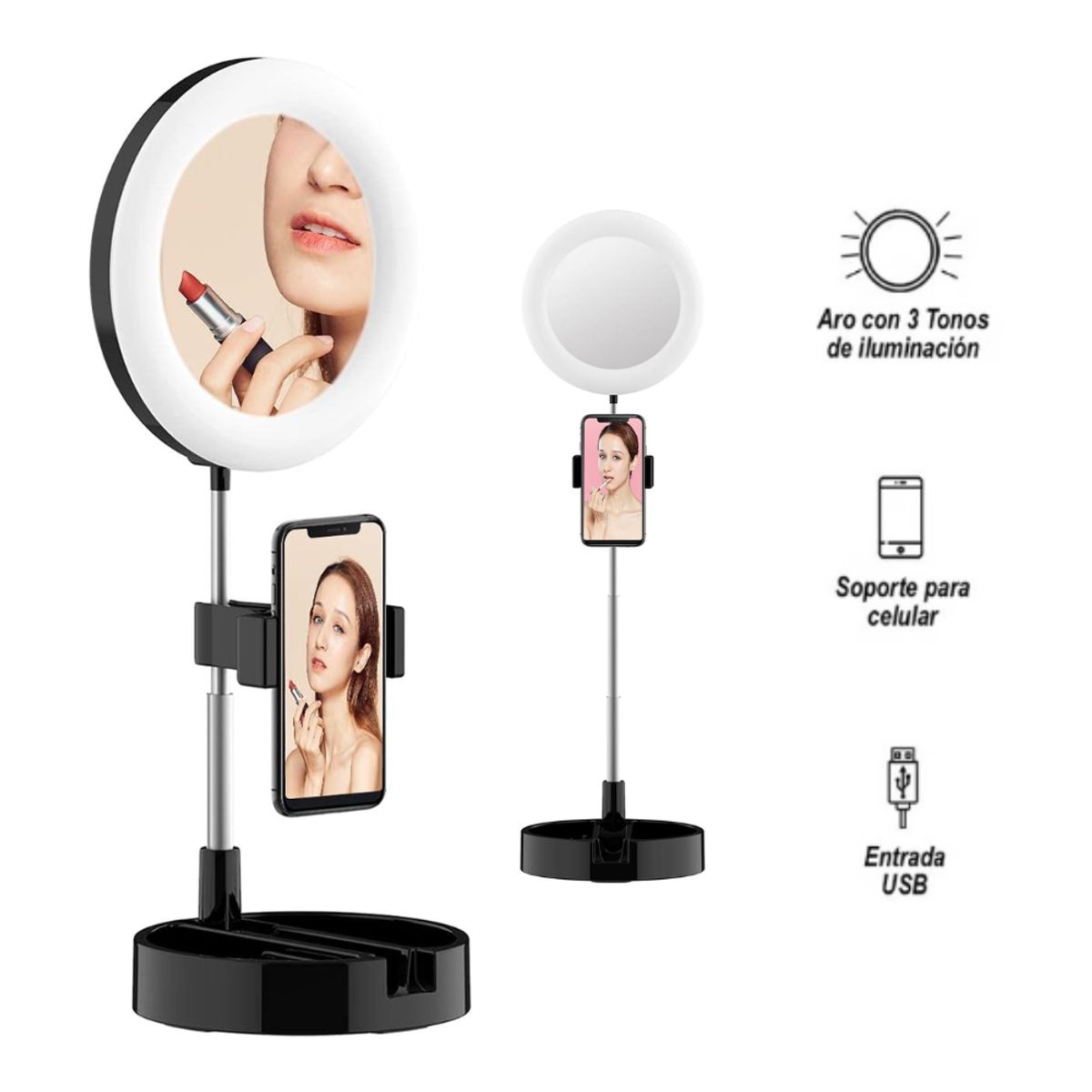SEISA - Espejo Con Aro Luz Led Selfie Soporte Celular Streamers Maquillaje