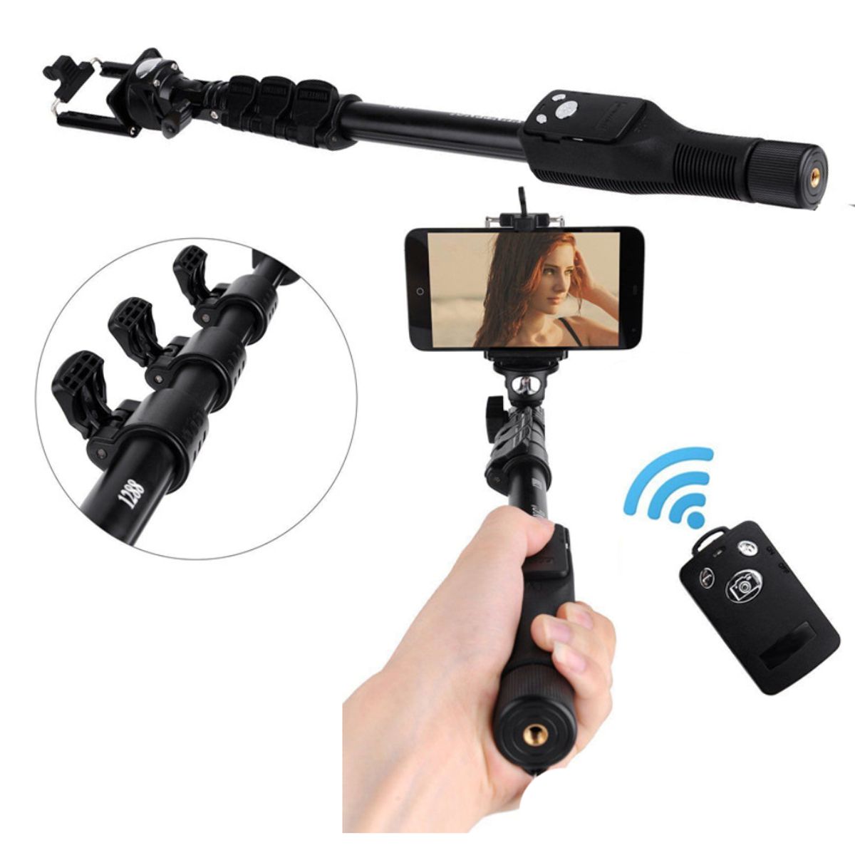 GENERICO - Palo Selfie Stick Control Bluetooth para Celular 125cm Negro
