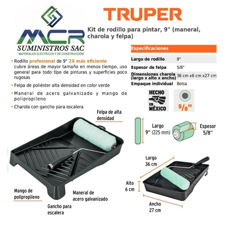 TRUPER - Rodillo para pintar de 9"  o 22.5cm(maneral, charola y felpa) truper