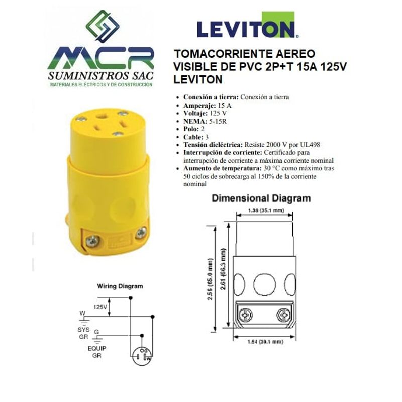 GENERICO - TOMACORRIENTE AEREO VISIBLE DE PVC 2P+T 15A 125V LEVITON