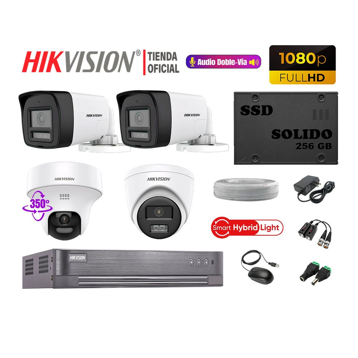 HIKVISION - Camaras Vigilancia Kit 4 Full HD Audio Bidireccional Smart Light 1 Domo PT 256GB