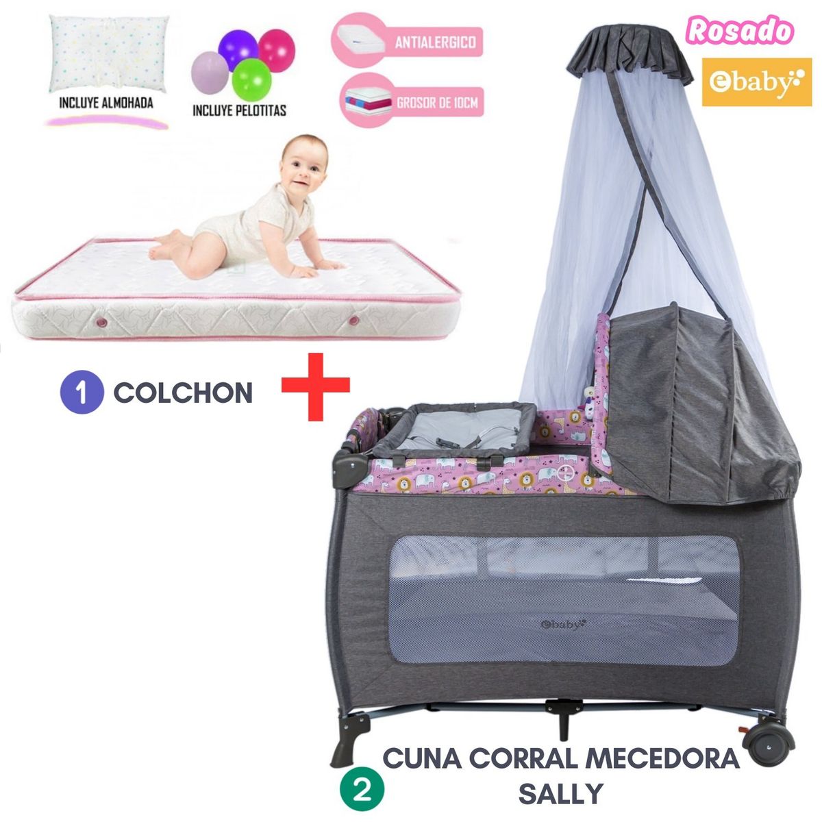 EBABY - Cuna Corral mecedora con cambiador Sally Rosado + Colchón