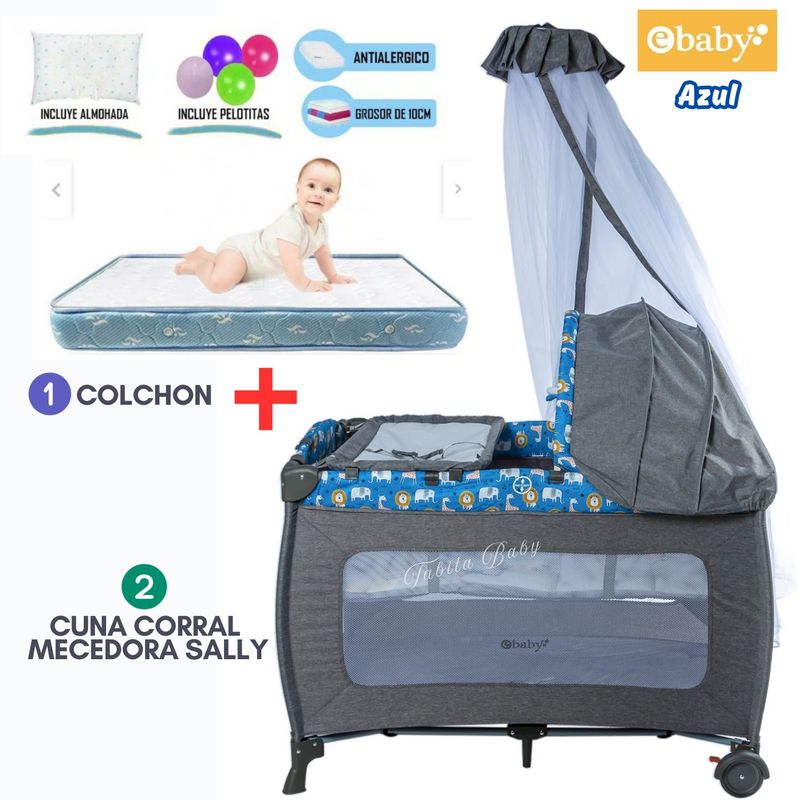 EBABY - Cuna corral mecedora Sally Azul + colchón