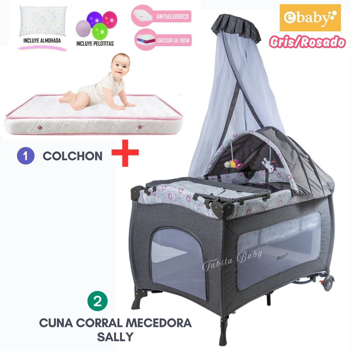 EBABY - Cuna Corral Mecedora Sally Gris con Rosa + Colchón