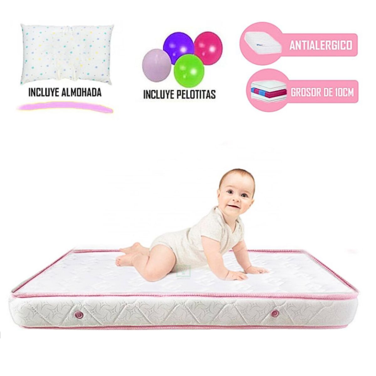 EBABY - Cuna Corral Mecedora Sally Gris con Rosa + Colchón