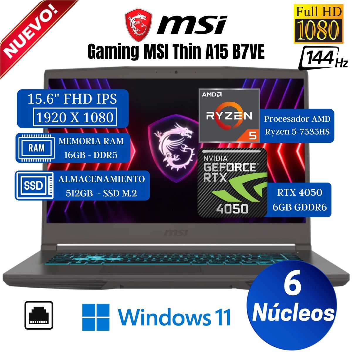 MSI - Laptop MSI Thin A15 B7VE 15.6" FHD IPS, Ryzen 5-7535HS, Ram 16GB, Ssd 512GB, Rtx 4050, Win 11 Pro