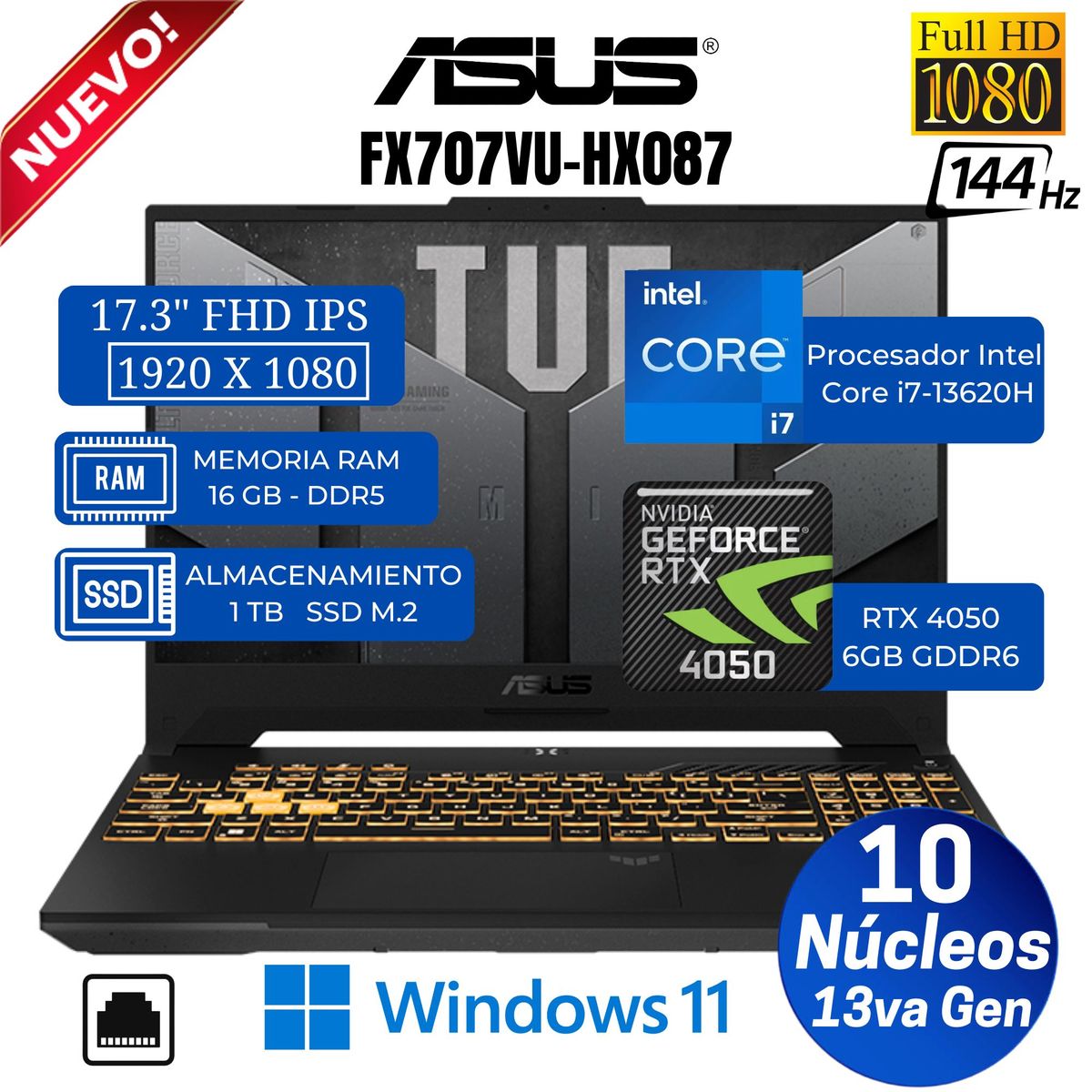 ASUS - Laptop ASUS TUF F17 FX707VU-HX087 17.3"  FHD IPS, Core i7-13620H, Ram 16GB, Ssd 1 TB, Rtx 4050 6GB