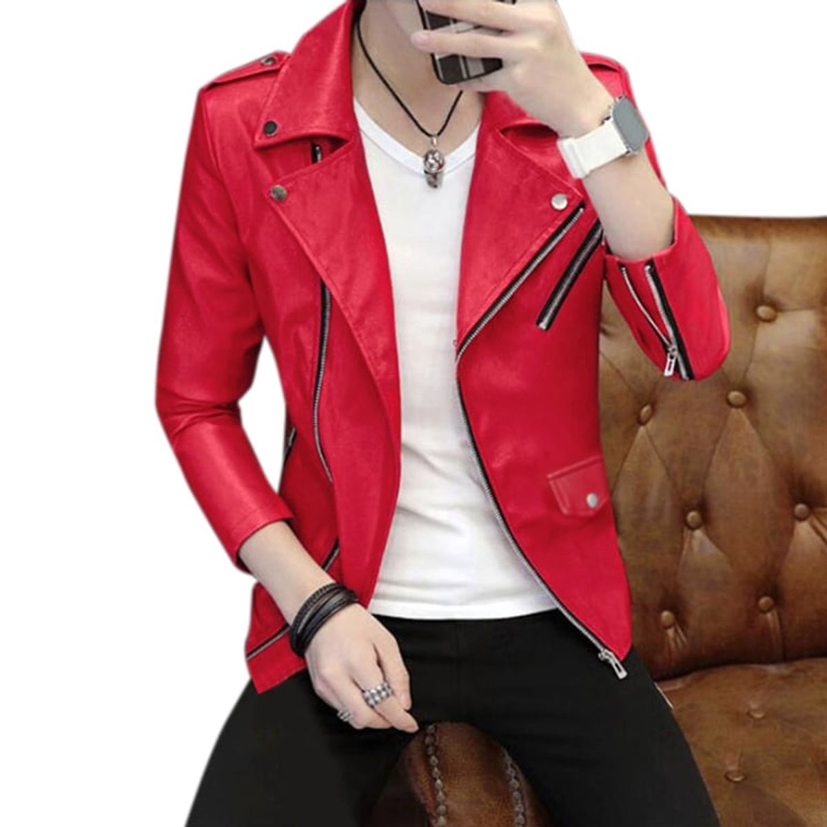 GENERICO - Casaca Biker para Hombre Cuero Poliuretano Slim Fit - ROJO