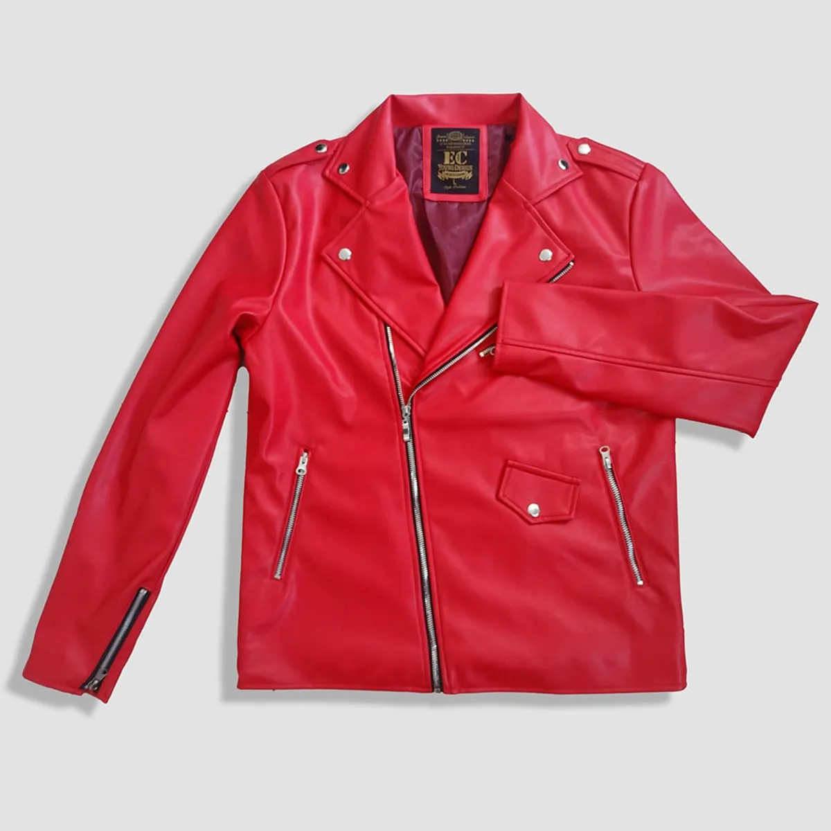 GENERICO - Casaca Biker para Hombre Cuero Poliuretano Slim Fit - ROJO