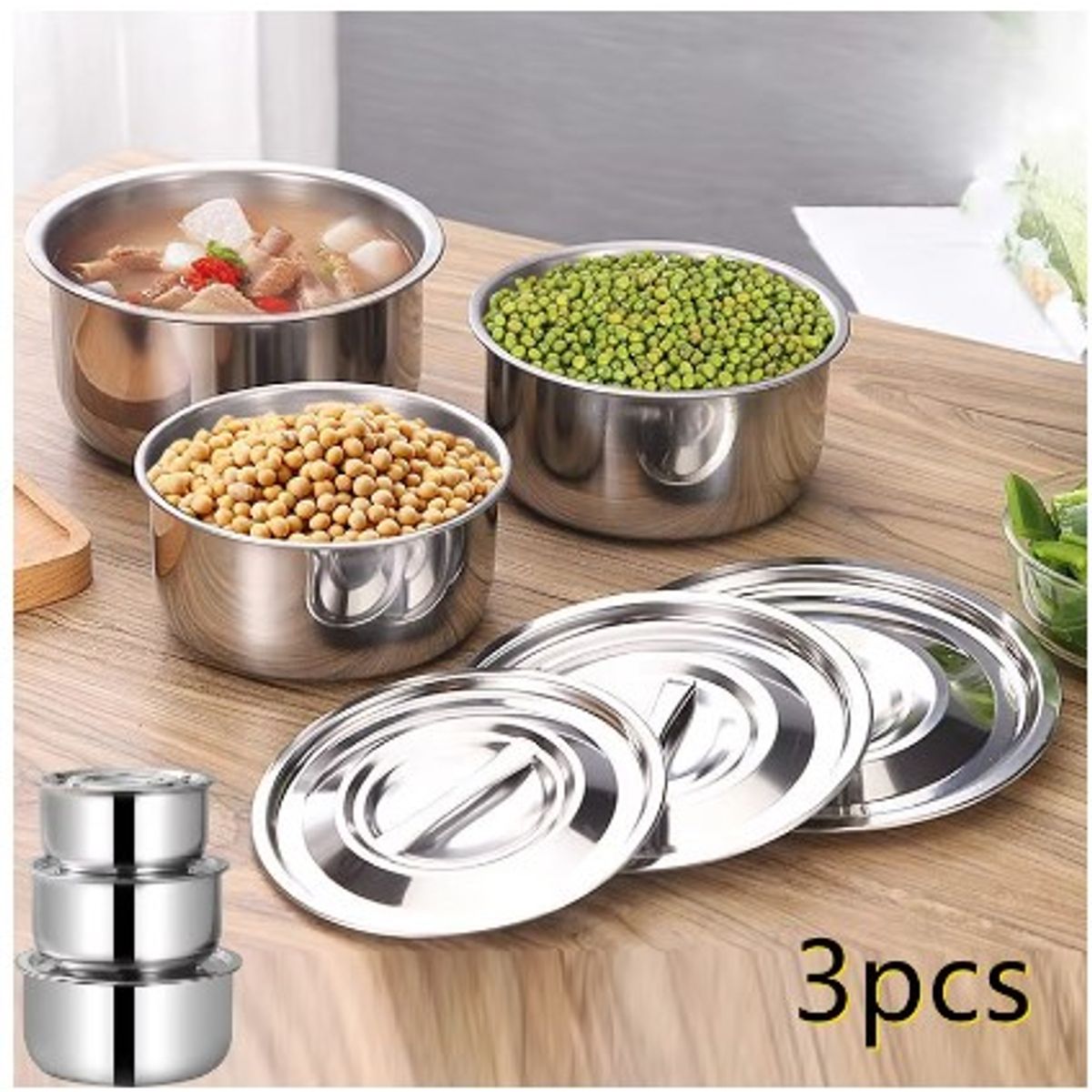 GENERICO - Set X 3  Bowls 16-18-20 cm con Tapa en Acero Inox.