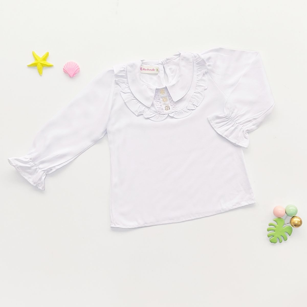 KIDS MASHMELO - Blusa para Niña con Cuello BB Volantes y Pechera - Kids Mahmelo