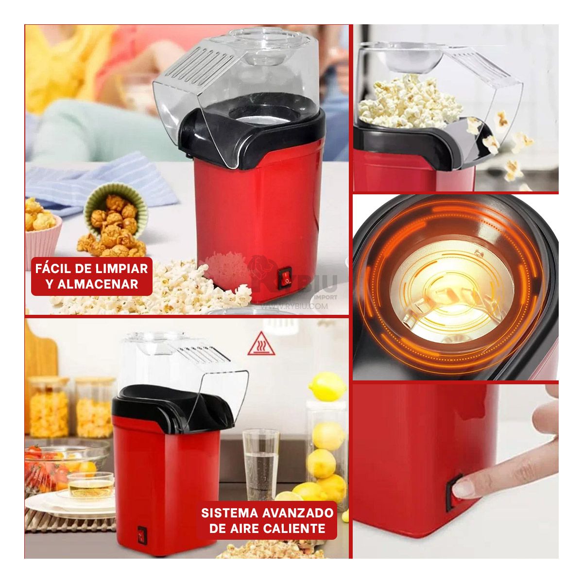 RYBIU IMPORT - Artefacto para Cocinar Pop Corn de Rojo Y+Regalo Stickers