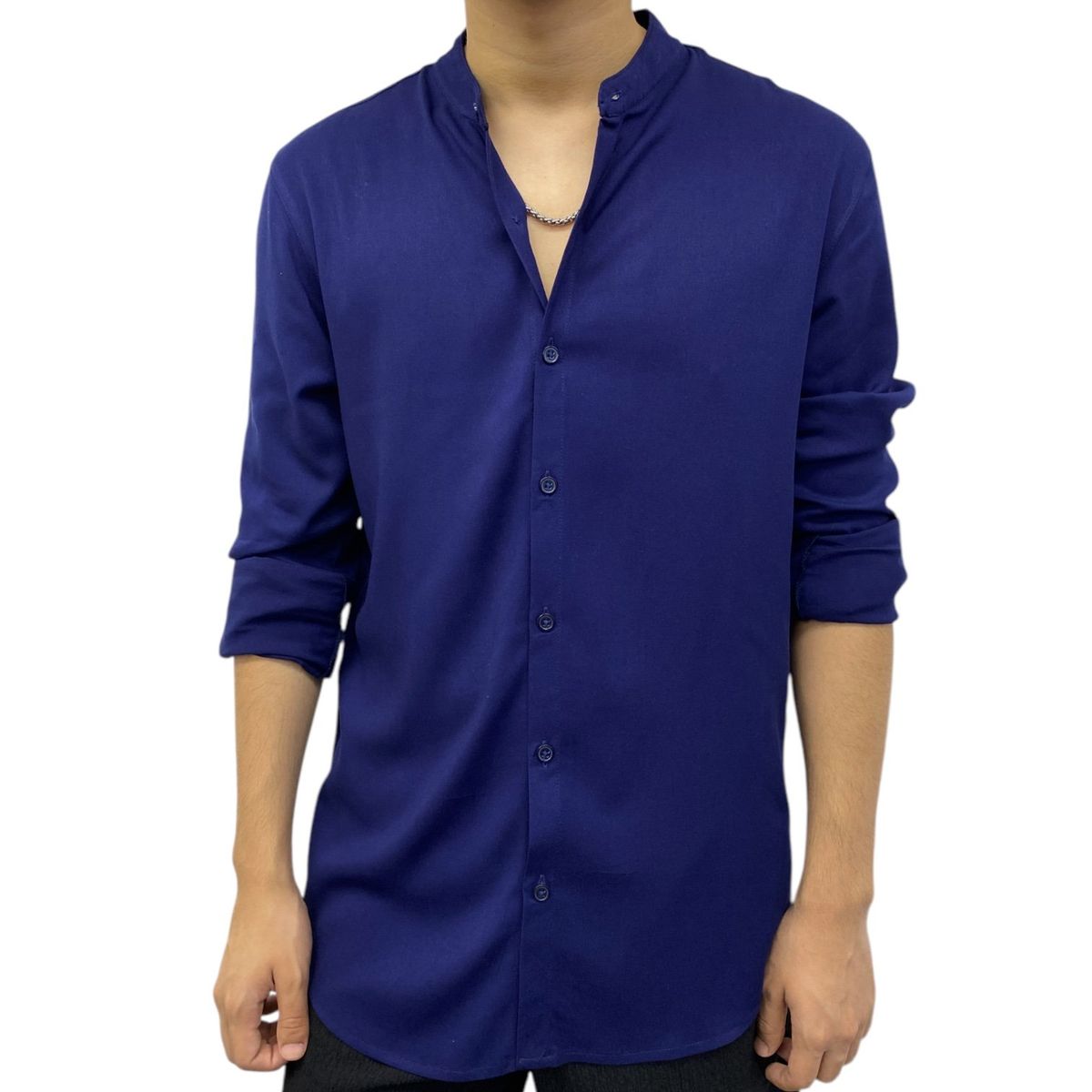 AMERICAN EXCHANGE - Camisa Cuello Neru Manga Larga Azul De Hombre - American Exchange