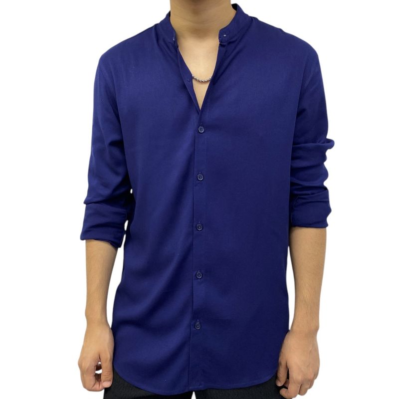 AMERICAN EXCHANGE - Camisa Cuello Neru Manga Larga Azul De Hombre - American Exchange