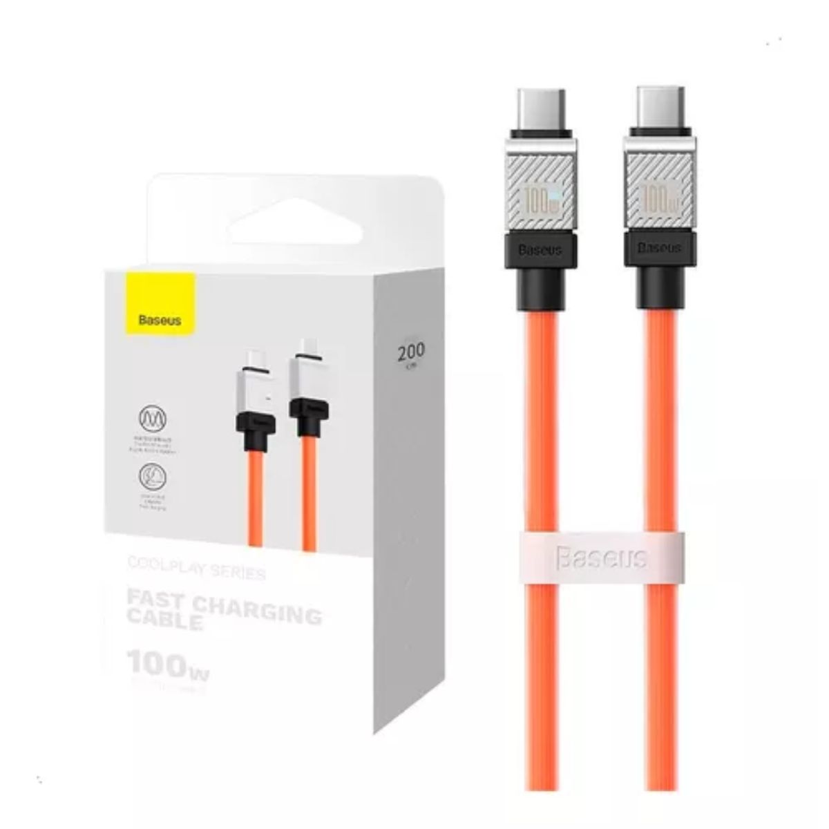 BASEUS - Cable Cargador Baseus 100w Carga Rapida USB-C A USB-C Naranja 1 metro