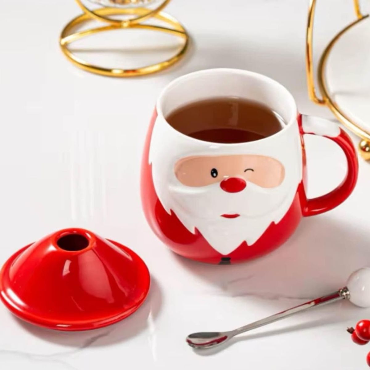 GENERICO - Taza Navideña con tapa de sombrero y cuchara