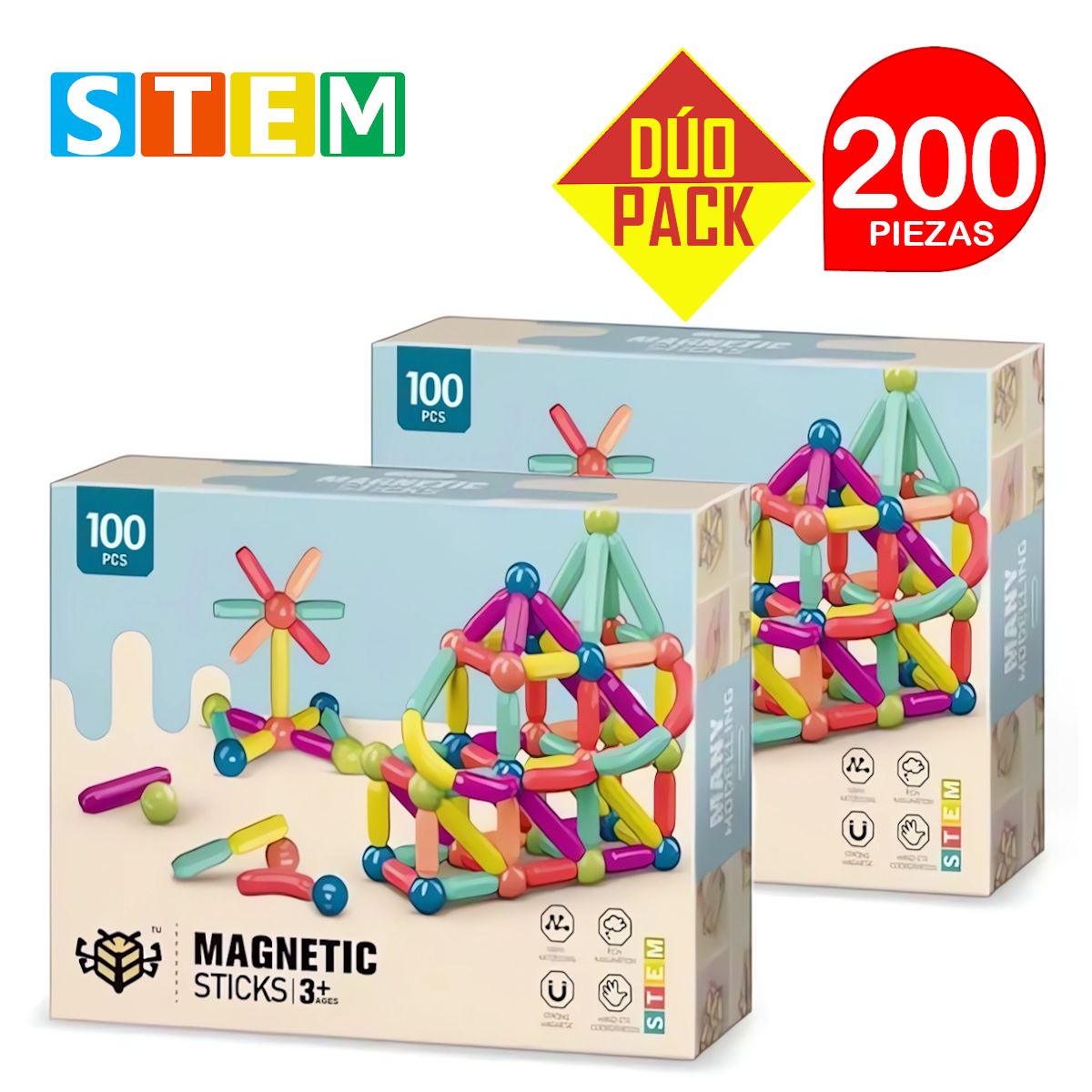 STM - Bloques magnéticos didácticos STEM 100pz DÚO PACK 200 piezas