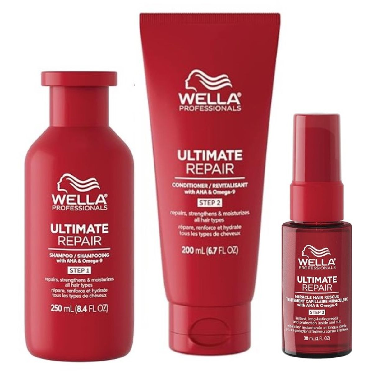 WELLA - Shampoo + Acondicionador + Spray Reparador Ultimate Repair Wella