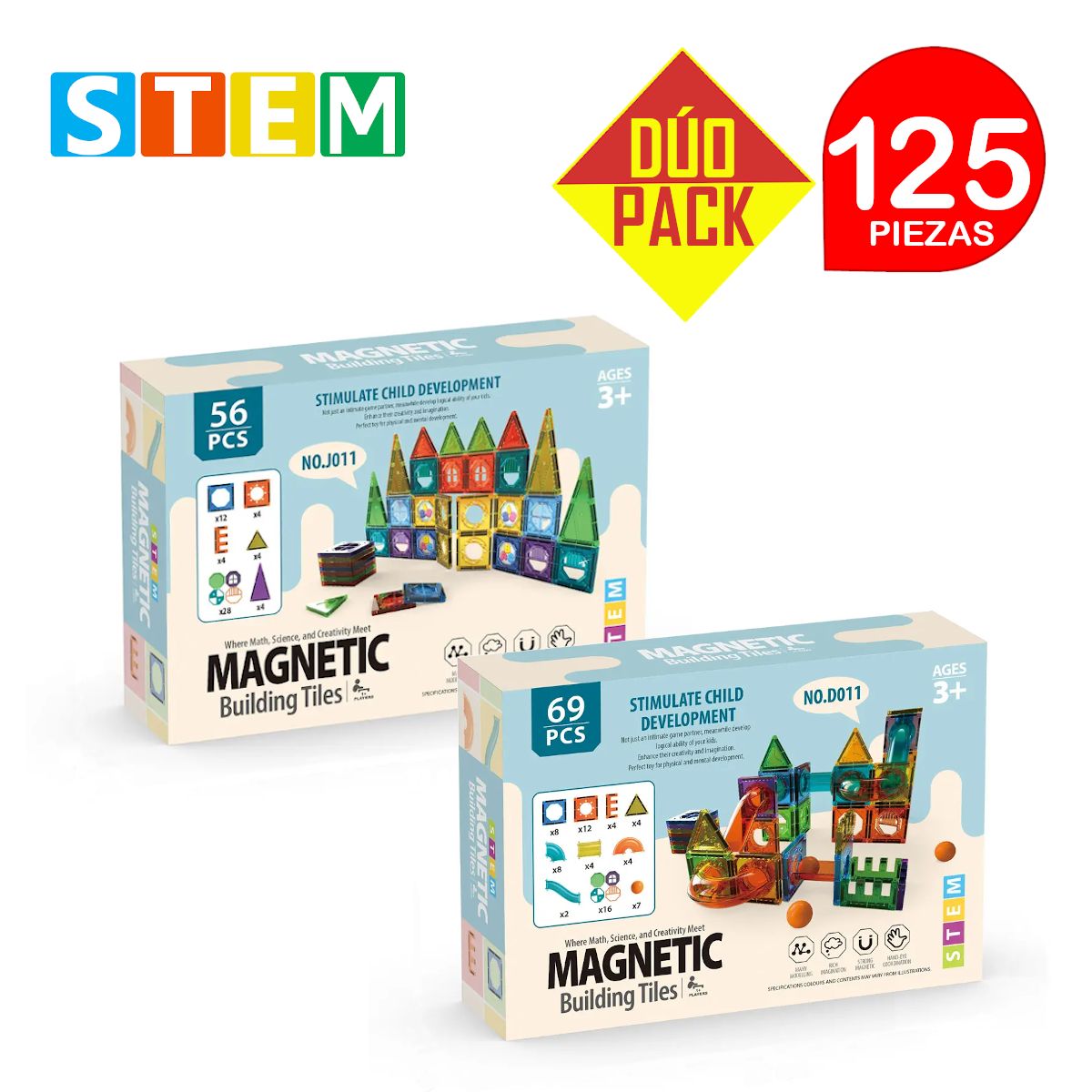 STM - Bloques magnéticos didáctico STEM 56p+69p DÚO PACK 125piezas