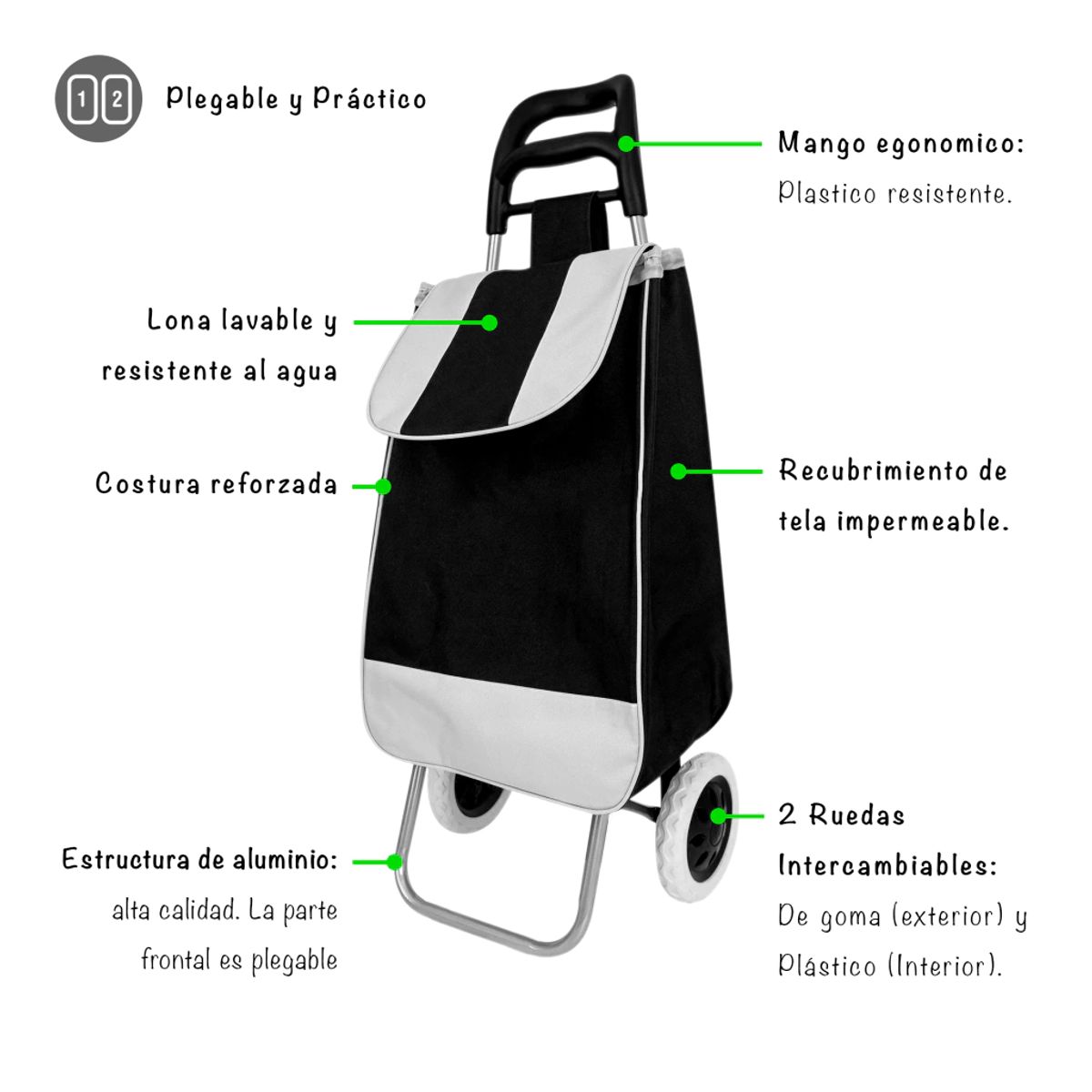 GENERICO - COCHE GRANDE PARA COMPRAS MERCADO HOGAR CON BOLSILLO Y CIERRE