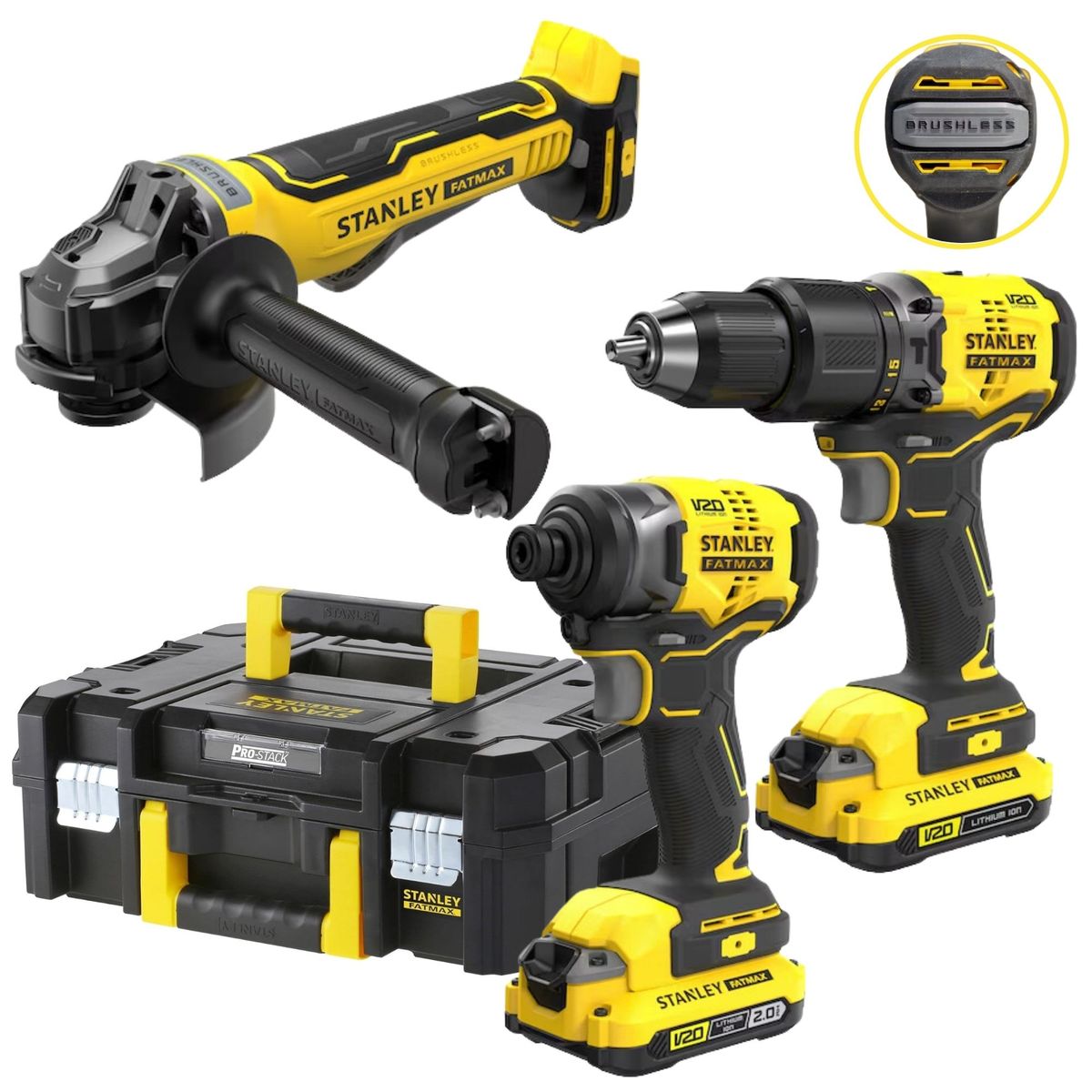 STANLEY - Combo taladro percutor atornillador de impacto amoladora 20V BRUSHLESS
