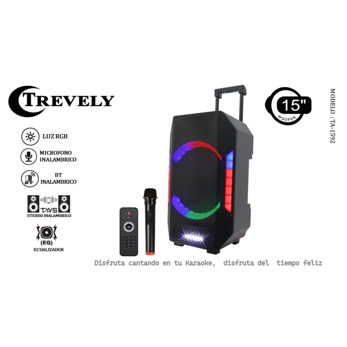 TREVELY - PARLANTE RECARGABLE 15” TA-1592  800W