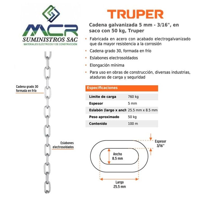 TRUPER - Cadena galvanizada  espesor 5 mm - 3/16" en saco con 50 kgTruper