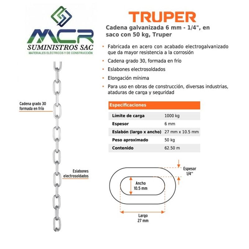 TRUPER - Cadena galvanizada 6 mm - 1/4", en saco con 50 kg, Truper