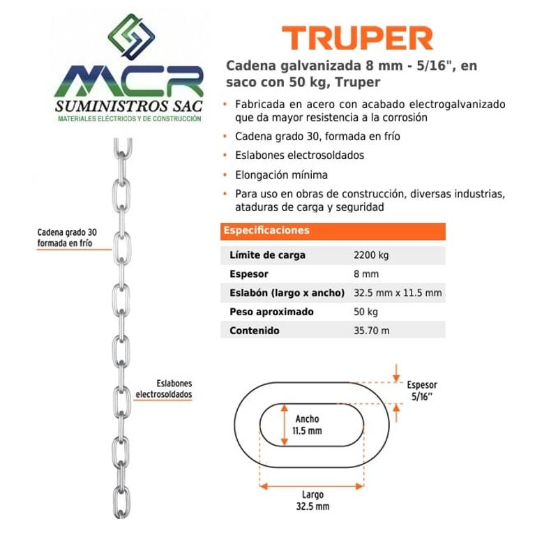 TRUPER - Cadena galvanizada 8 mm - 5/16" en saco con 50 kg Truper 35.70m