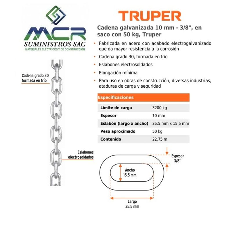 TRUPER - Cadena galvanizada 10 mm - 3/8", en saco con 50 kg, 22.75m Truper
