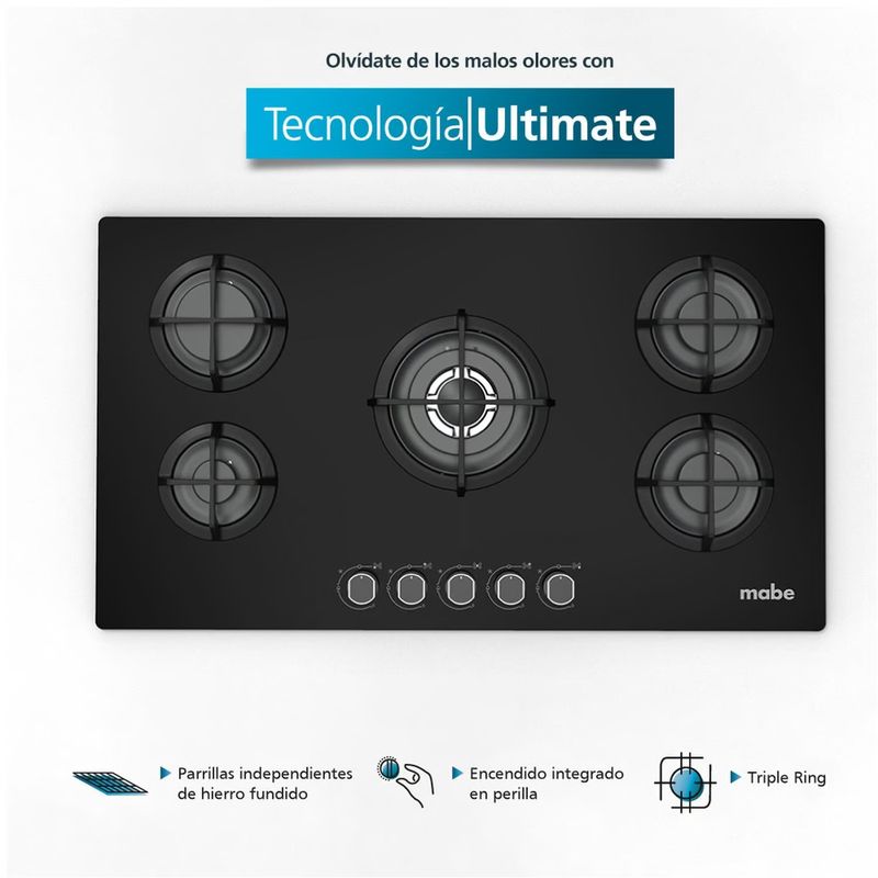 MABE - Encimera de empotrar a Gas 86 cm Vidrio Negro Mabe - PM8655GV0