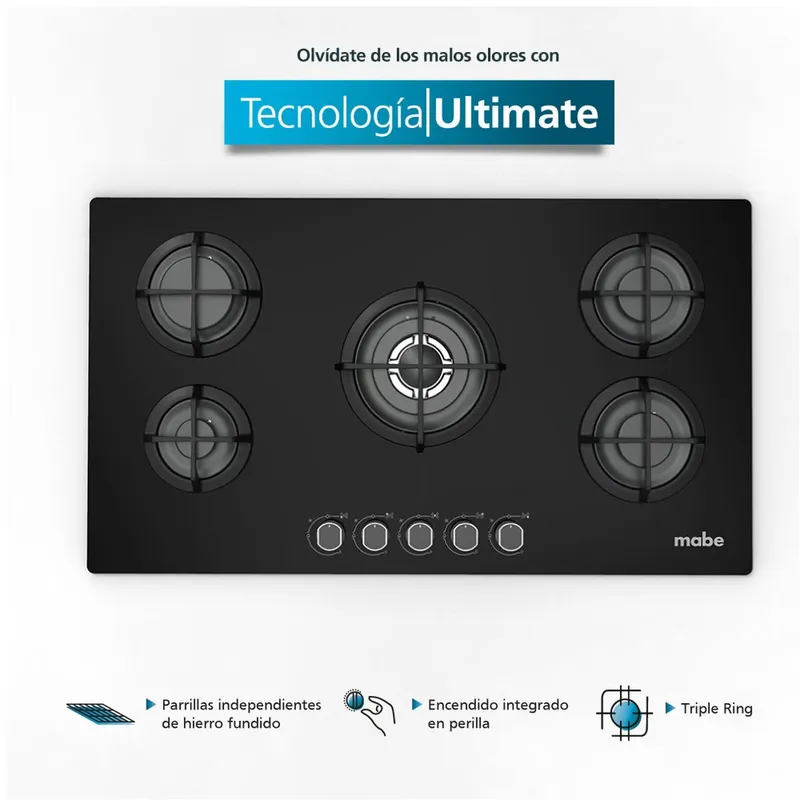 MABE - Encimera de empotrar a Gas 86 cm Vidrio Negro Mabe - PM8655GV0.