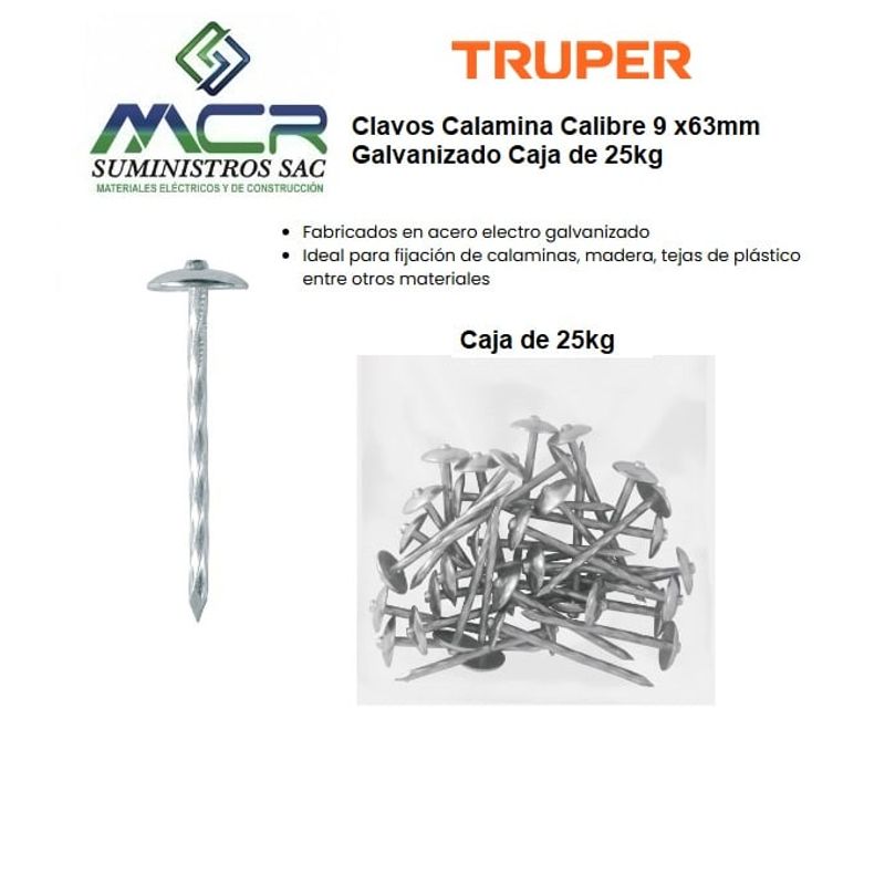 TRUPER - Clavos Calamina Calibre 9 x63mm Galvanizado Caja 25kg Truper