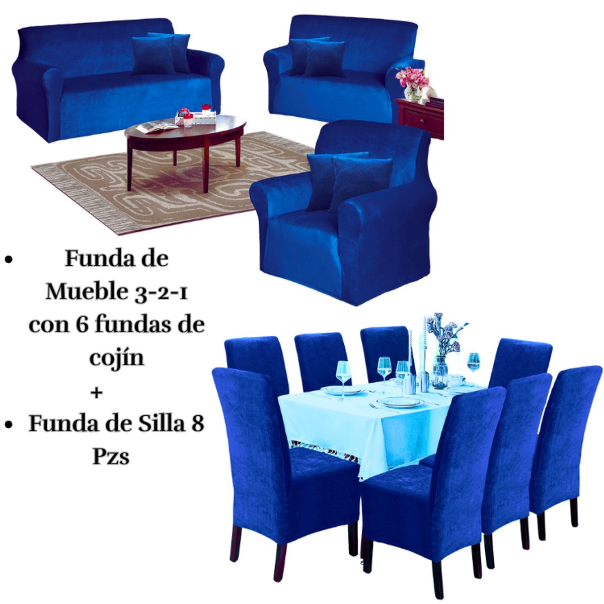 SALA FABULOSA - Pack Funda de mueble 3-2-1 con 8 fundas de silla Terciopelo Liso AZUL NOCHE