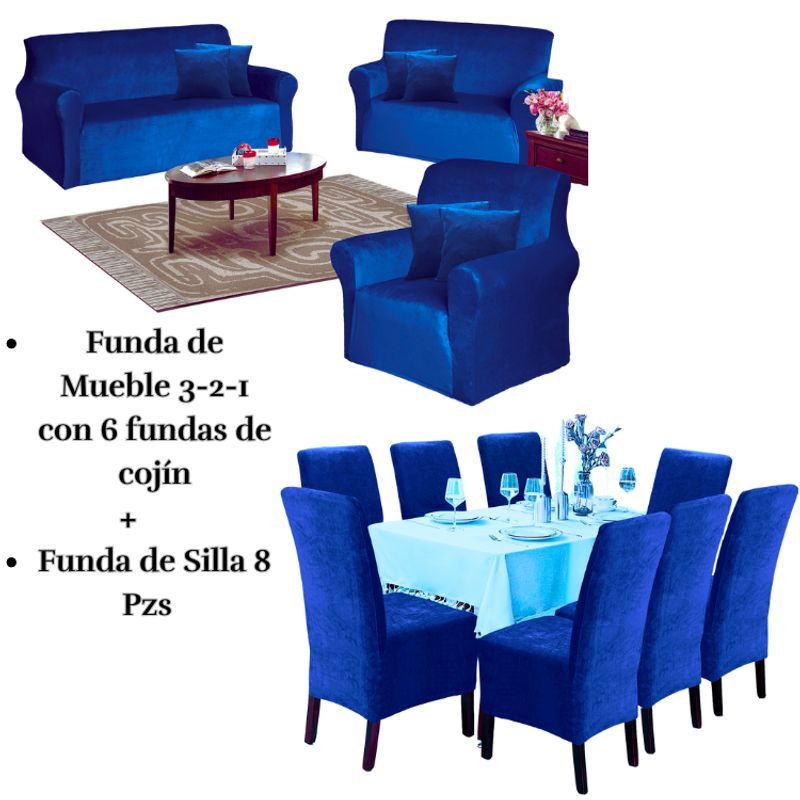 SALA FABULOSA - Pack Funda de mueble 3-2-1 con 8 fundas de silla Terciopelo Liso AZUL NOCHE