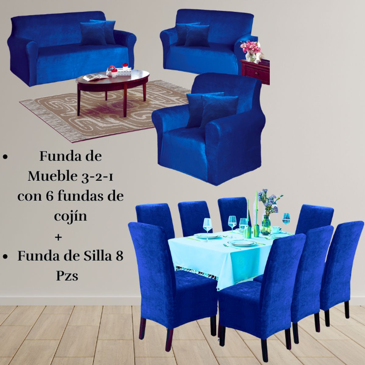 SALA FABULOSA - Pack Funda de mueble 3-2-1 con 8 fundas de silla Terciopelo Liso AZUL NOCHE